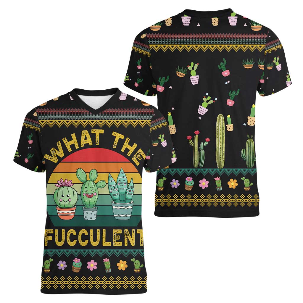 Cacuts Christmas Women V-Neck T-Shirt Cactus What the Fucculent - Wonder Print Shop