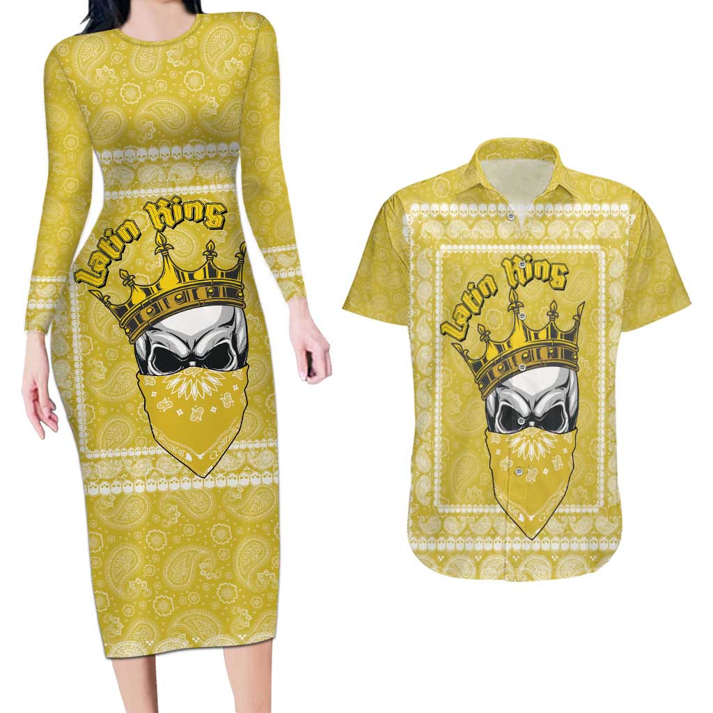 Latin King Couples Matching Long Sleeve Bodycon Dress and Hawaiian Shirt Paisley Pattern Yellow - Wonder Print Shop