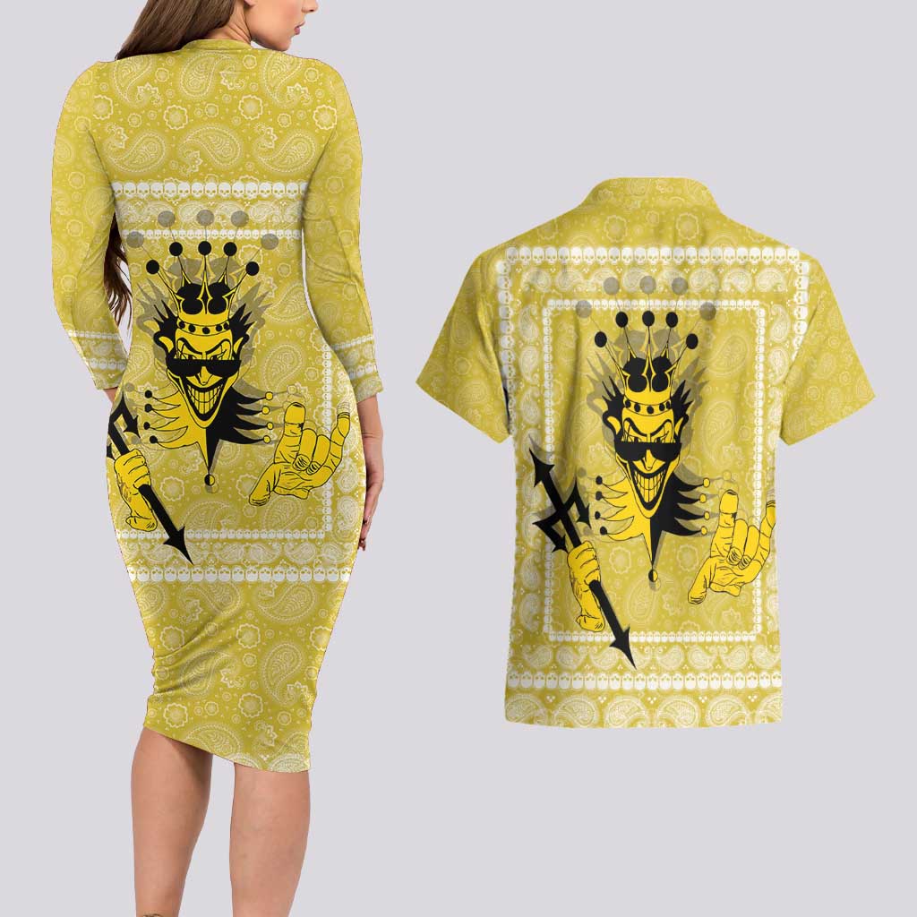 Latin King Couples Matching Long Sleeve Bodycon Dress and Hawaiian Shirt Paisley Pattern Yellow - Wonder Print Shop