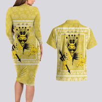 Latin King Couples Matching Long Sleeve Bodycon Dress and Hawaiian Shirt Paisley Pattern Yellow - Wonder Print Shop