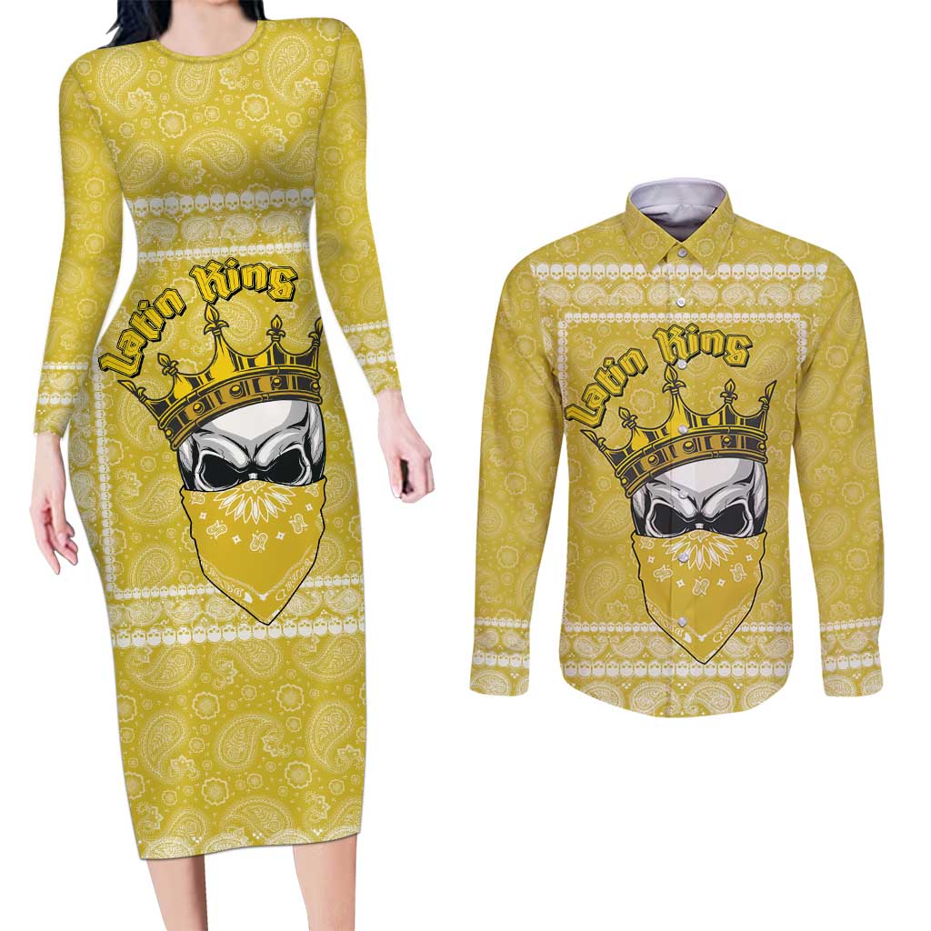 Latin King Couples Matching Long Sleeve Bodycon Dress and Long Sleeve Button Shirt Paisley Pattern Yellow - Wonder Print Shop