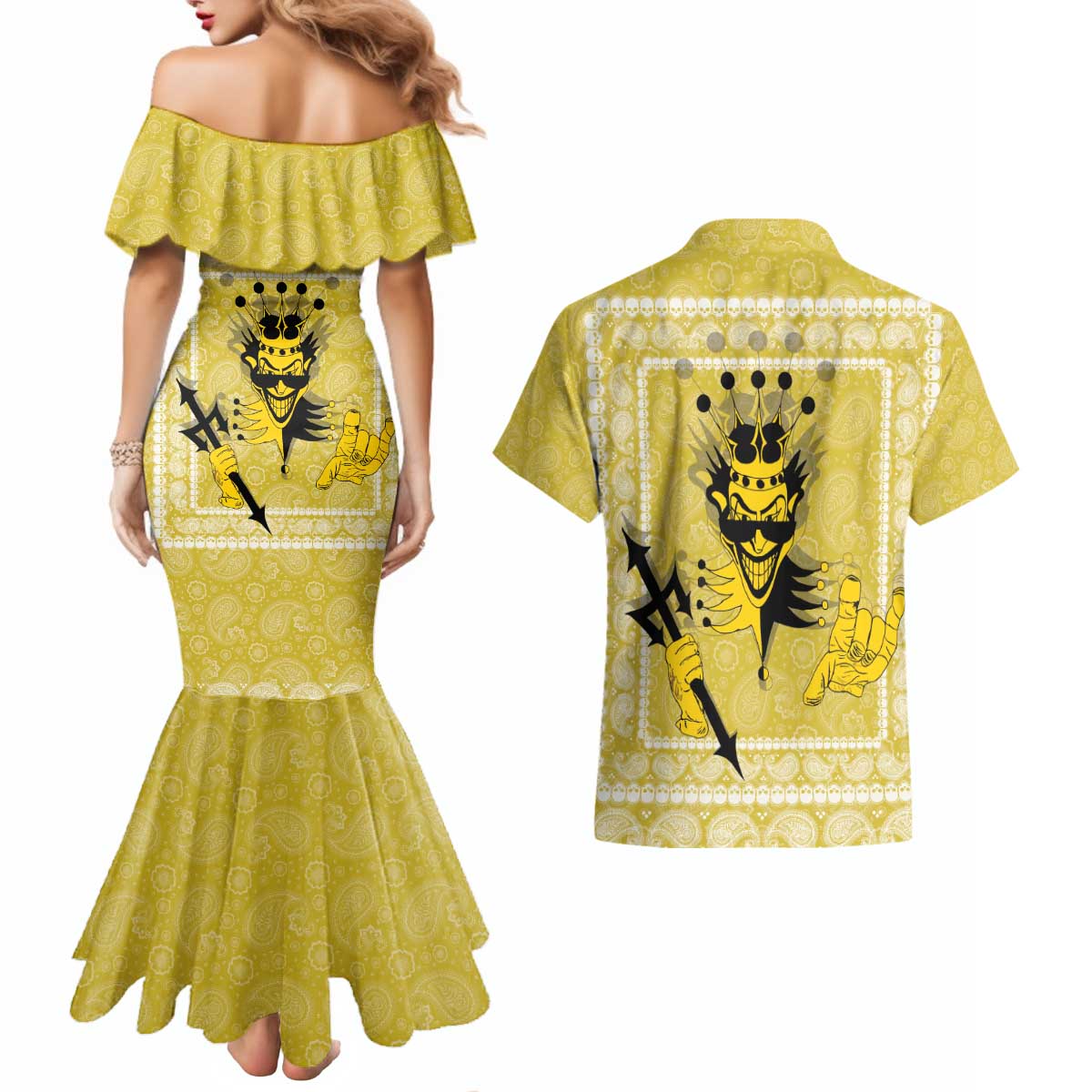 Latin King Couples Matching Mermaid Dress and Hawaiian Shirt Paisley Pattern Yellow - Wonder Print Shop