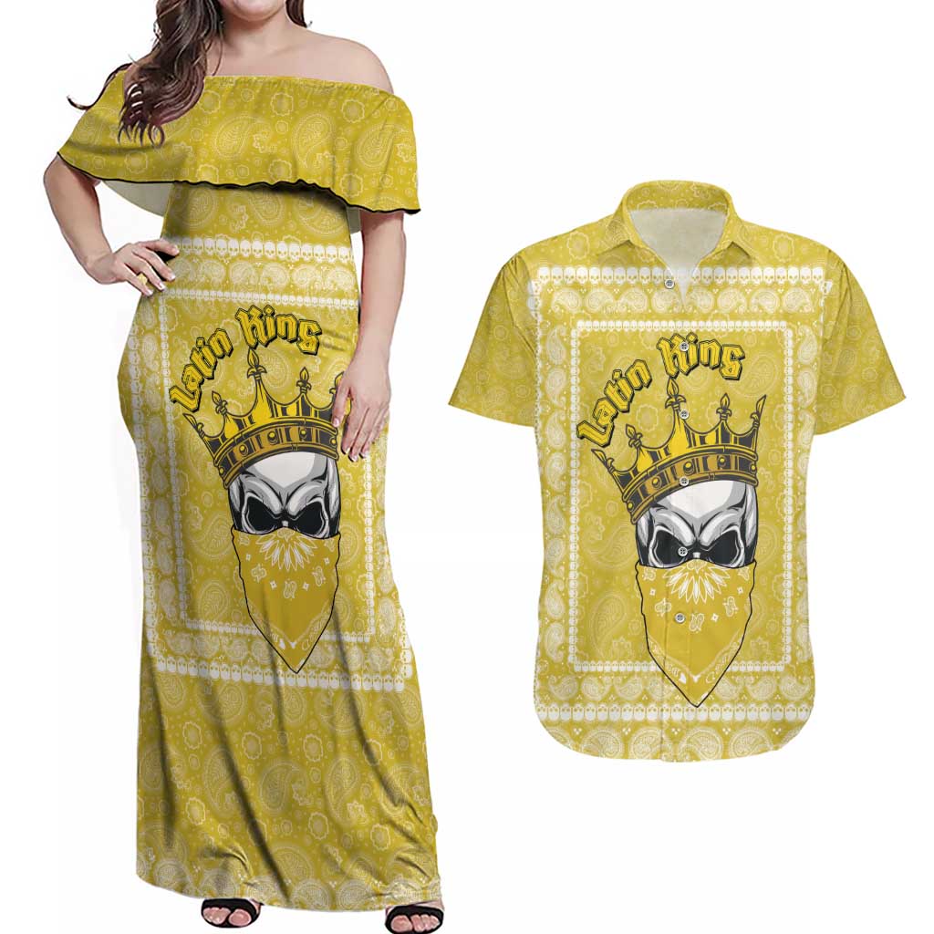 Latin King Couples Matching Off Shoulder Maxi Dress and Hawaiian Shirt Paisley Pattern Yellow - Wonder Print Shop