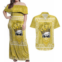 Latin King Couples Matching Off Shoulder Maxi Dress and Hawaiian Shirt Paisley Pattern Yellow - Wonder Print Shop