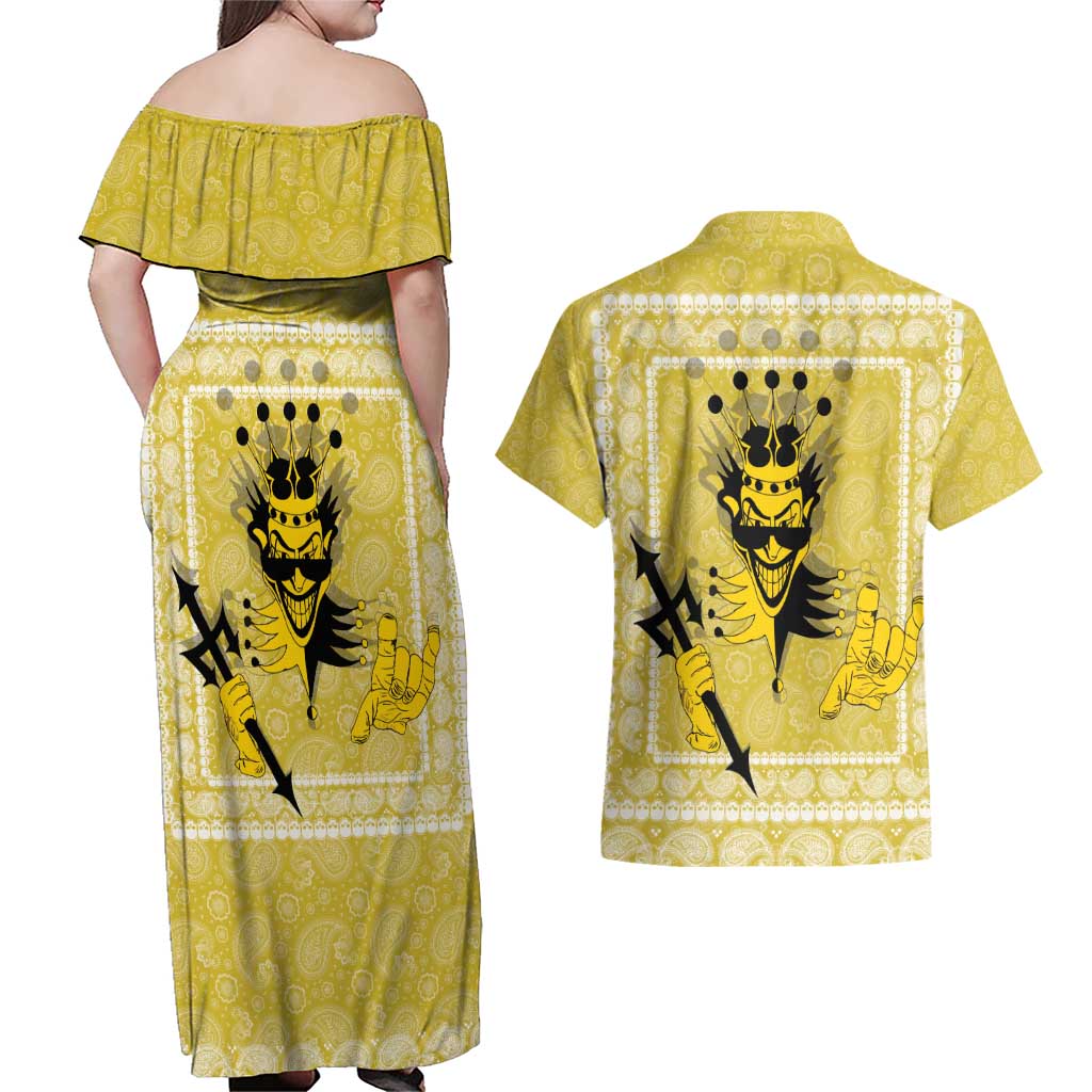 Latin King Couples Matching Off Shoulder Maxi Dress and Hawaiian Shirt Paisley Pattern Yellow - Wonder Print Shop
