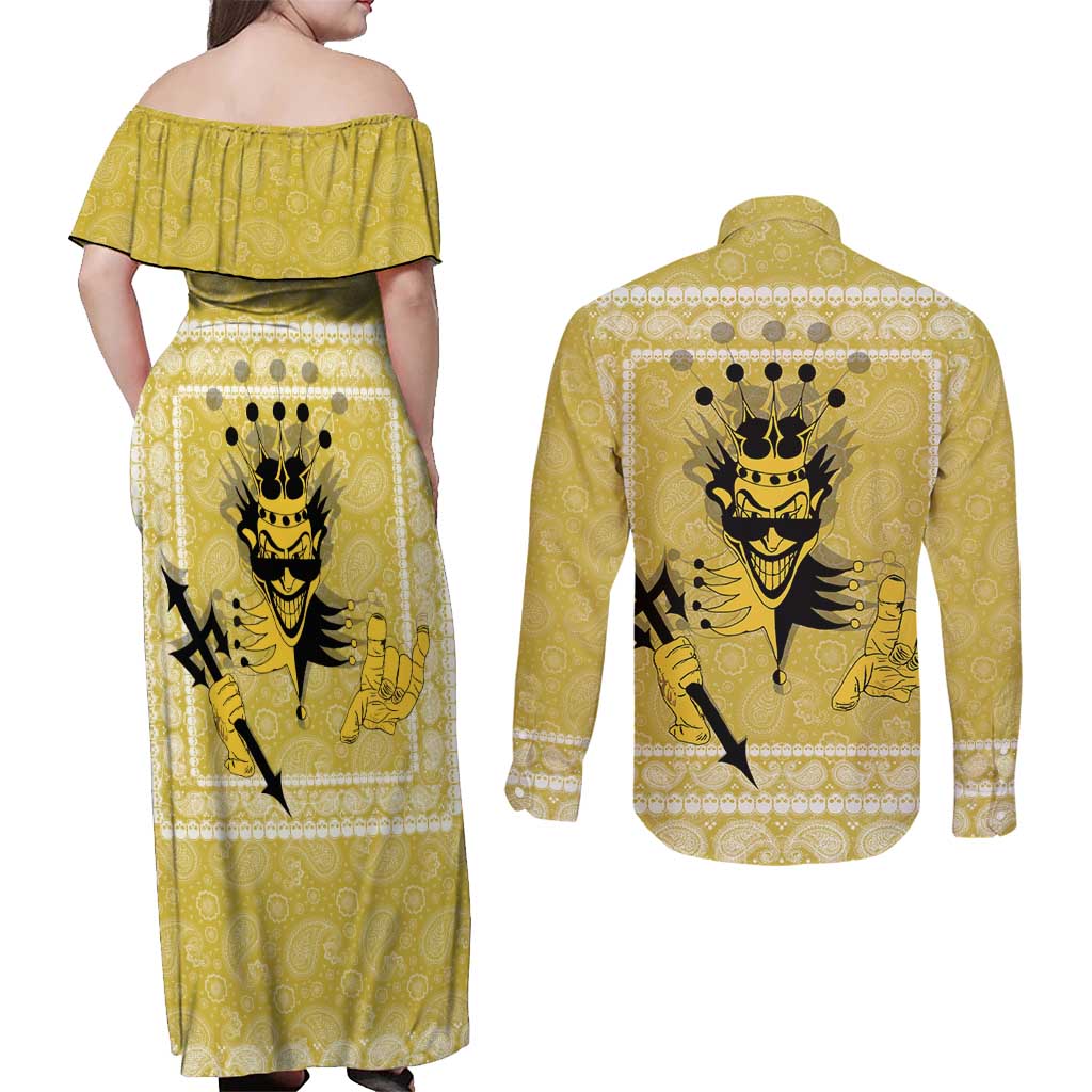 Latin King Couples Matching Off Shoulder Maxi Dress and Long Sleeve Button Shirt Paisley Pattern Yellow - Wonder Print Shop