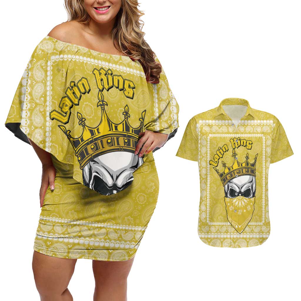 Latin King Couples Matching Off Shoulder Short Dress and Hawaiian Shirt Paisley Pattern Yellow - Wonder Print Shop