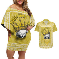 Latin King Couples Matching Off Shoulder Short Dress and Hawaiian Shirt Paisley Pattern Yellow - Wonder Print Shop