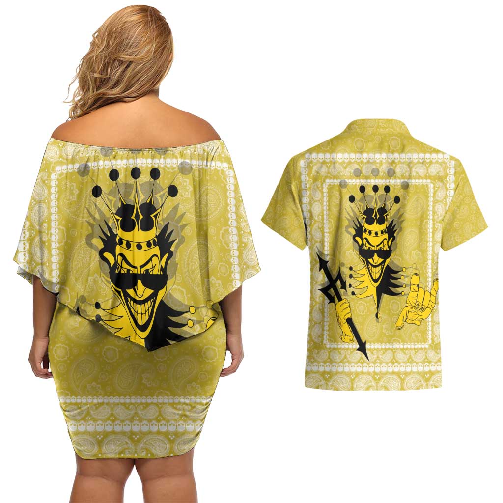 Latin King Couples Matching Off Shoulder Short Dress and Hawaiian Shirt Paisley Pattern Yellow - Wonder Print Shop