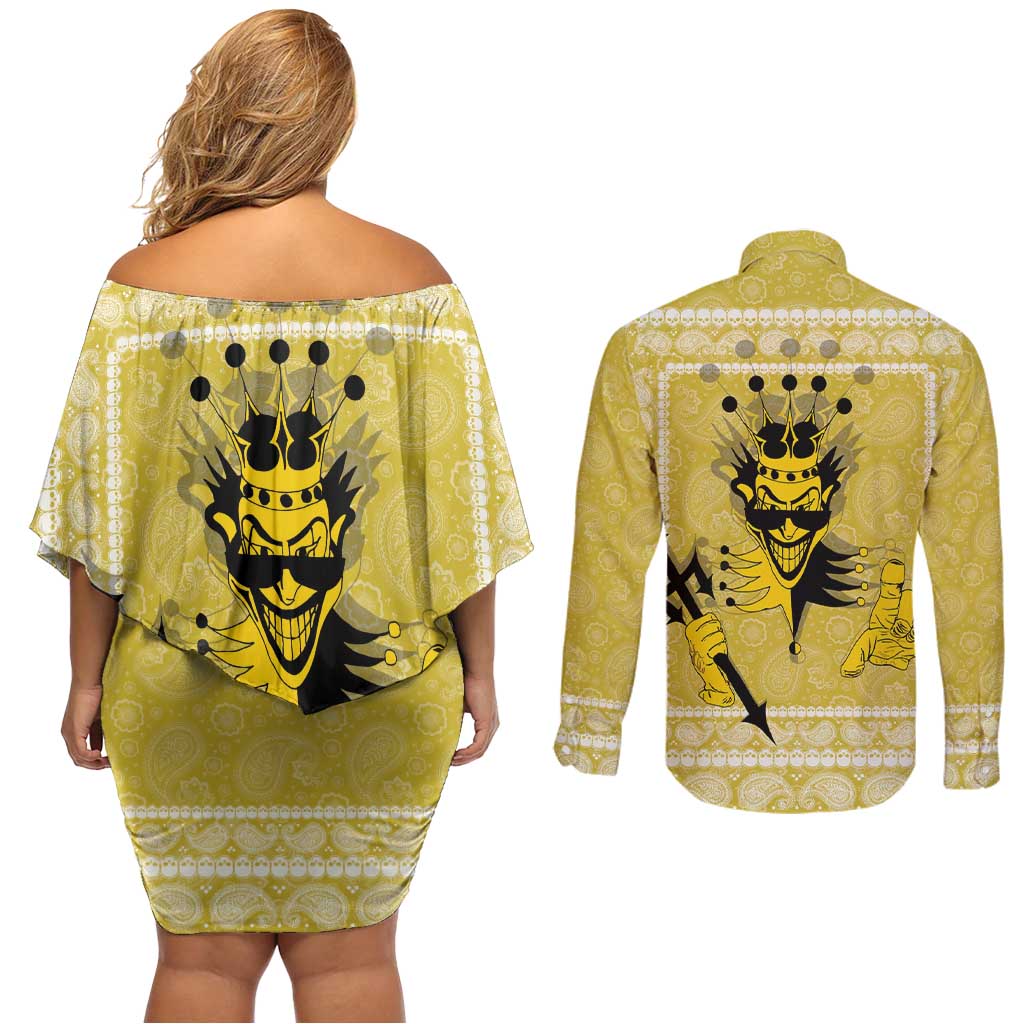 Latin King Couples Matching Off Shoulder Short Dress and Long Sleeve Button Shirt Paisley Pattern Yellow - Wonder Print Shop