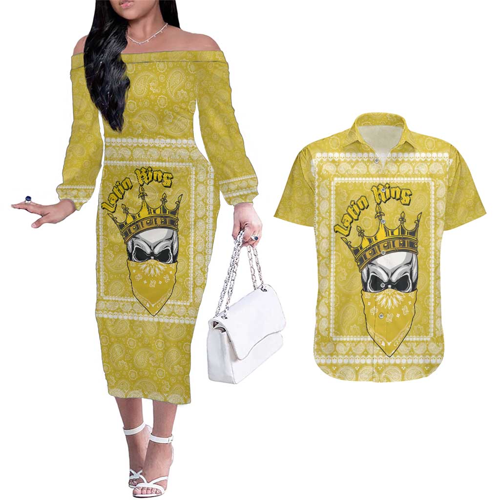 Latin King Couples Matching Off The Shoulder Long Sleeve Dress and Hawaiian Shirt Paisley Pattern Yellow - Wonder Print Shop