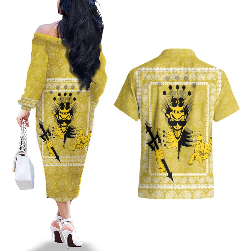 Latin King Couples Matching Off The Shoulder Long Sleeve Dress and Hawaiian Shirt Paisley Pattern Yellow - Wonder Print Shop
