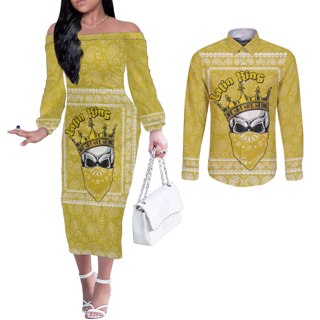 Latin King Couples Matching Off The Shoulder Long Sleeve Dress and Long Sleeve Button Shirt Paisley Pattern Yellow