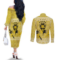 Latin King Couples Matching Off The Shoulder Long Sleeve Dress and Long Sleeve Button Shirt Paisley Pattern Yellow