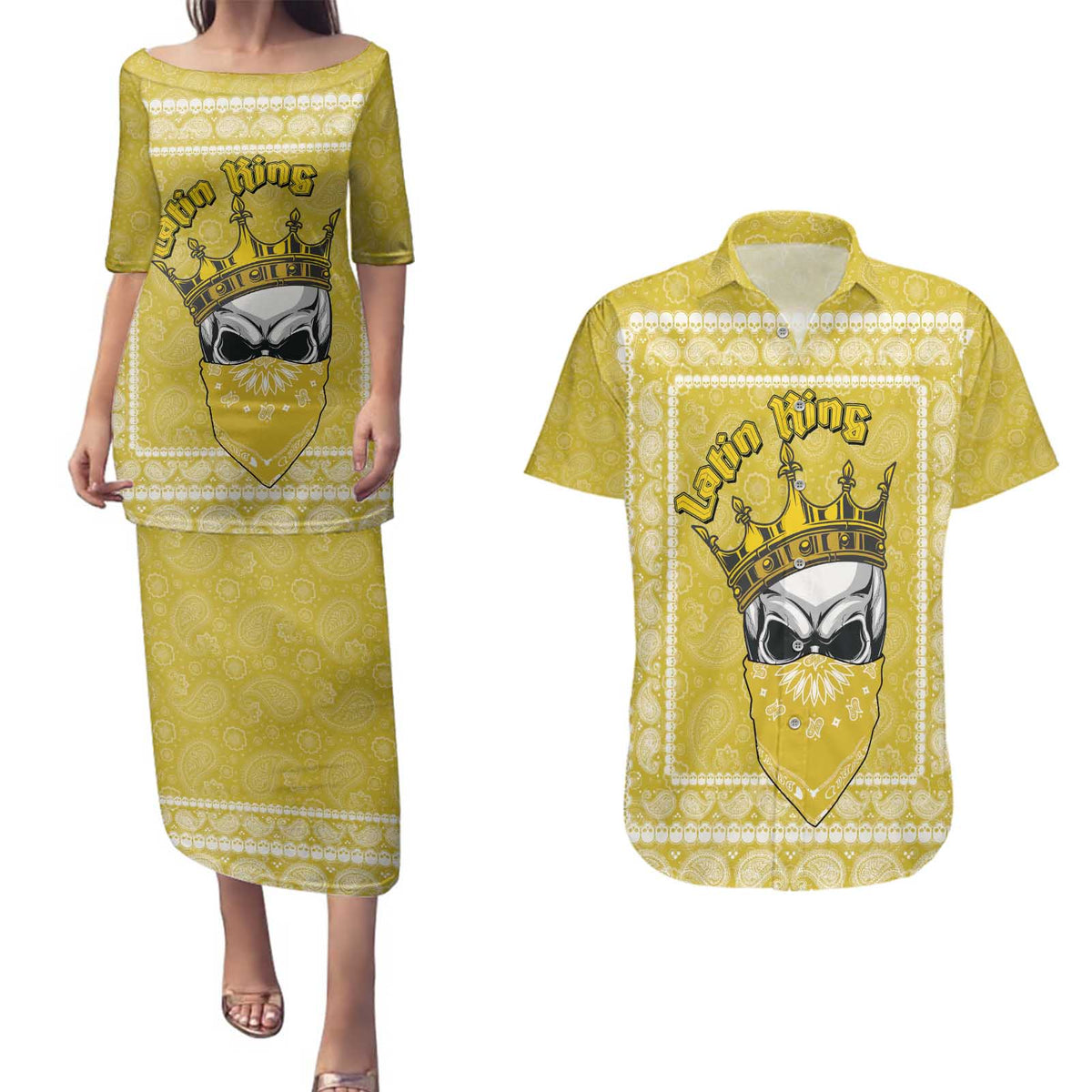 Latin King Couples Matching Puletasi and Hawaiian Shirt Paisley Pattern Yellow - Wonder Print Shop