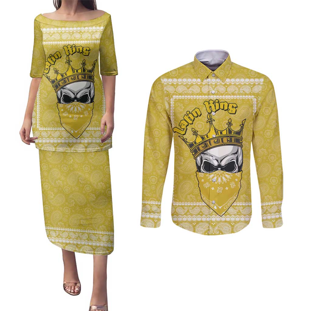 Latin King Couples Matching Puletasi and Long Sleeve Button Shirt Paisley Pattern Yellow - Wonder Print Shop