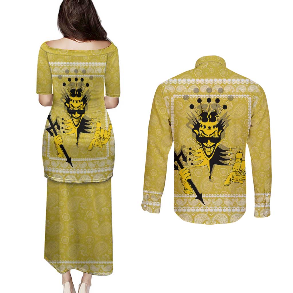 Latin King Couples Matching Puletasi and Long Sleeve Button Shirt Paisley Pattern Yellow - Wonder Print Shop