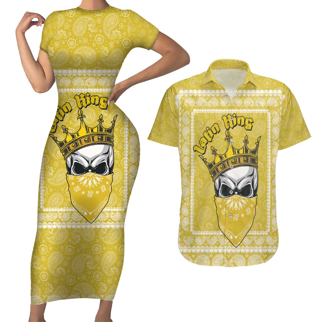 Latin King Couples Matching Short Sleeve Bodycon Dress and Hawaiian Shirt Paisley Pattern Yellow - Wonder Print Shop