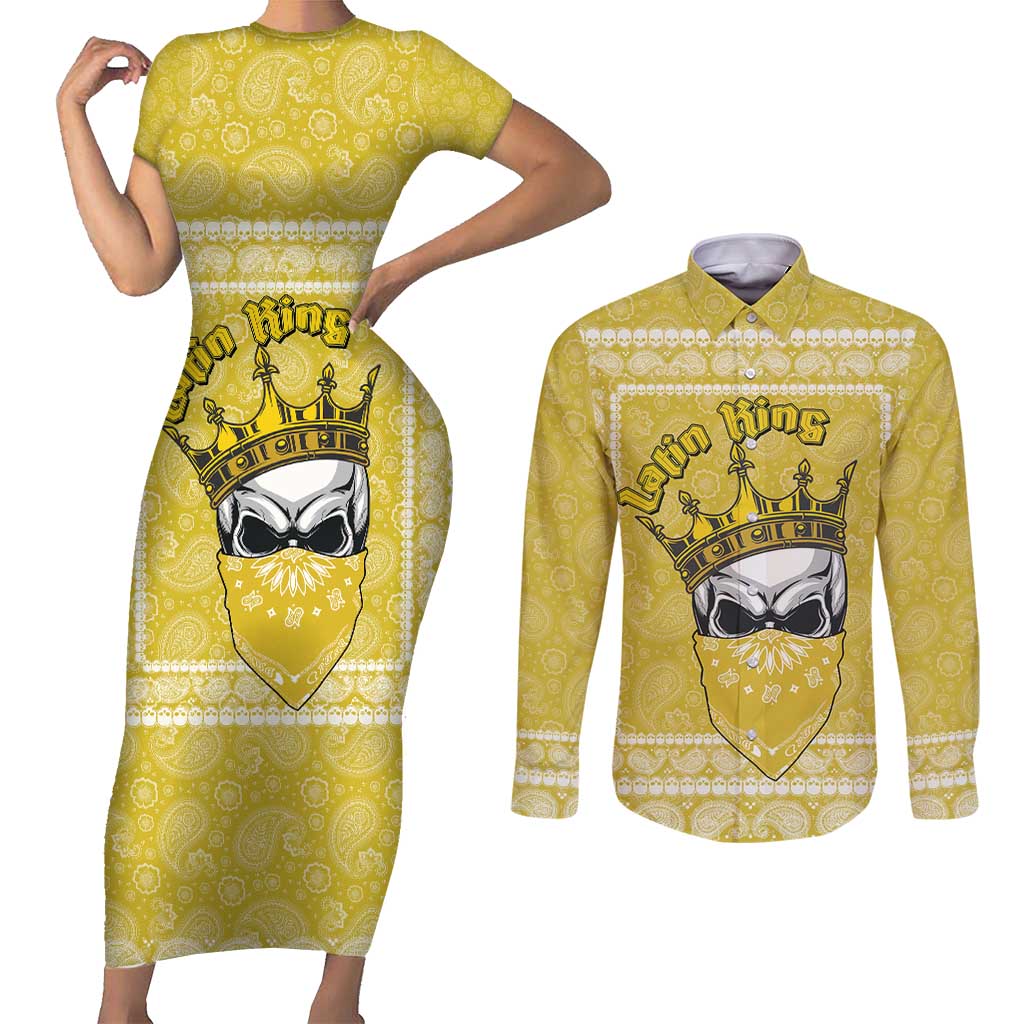 Latin King Couples Matching Short Sleeve Bodycon Dress and Long Sleeve Button Shirt Paisley Pattern Yellow - Wonder Print Shop