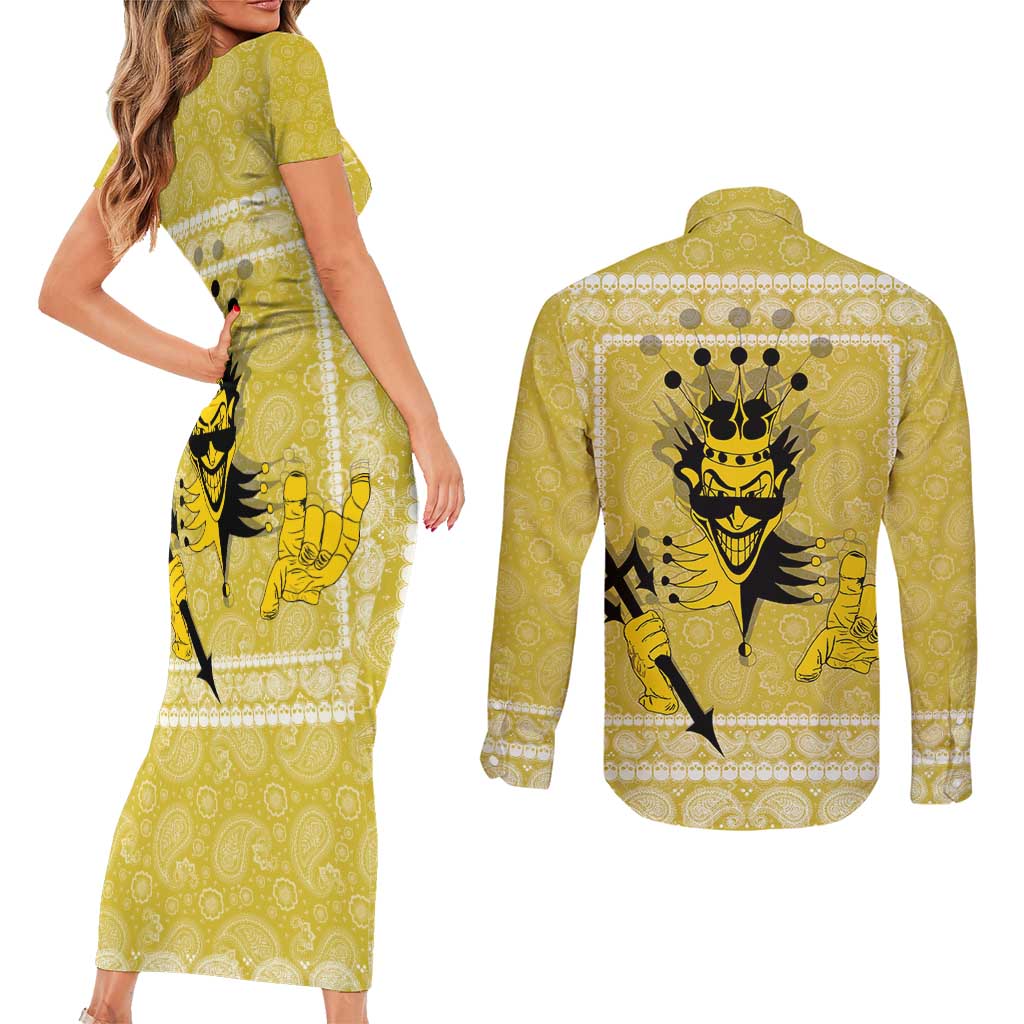 Latin King Couples Matching Short Sleeve Bodycon Dress and Long Sleeve Button Shirt Paisley Pattern Yellow - Wonder Print Shop