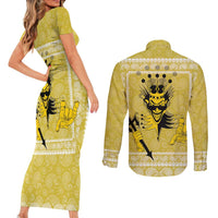 Latin King Couples Matching Short Sleeve Bodycon Dress and Long Sleeve Button Shirt Paisley Pattern Yellow - Wonder Print Shop