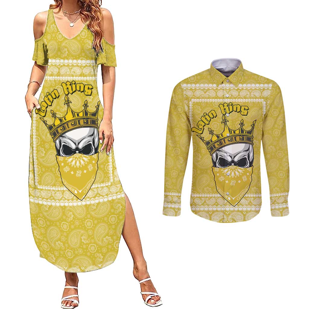 Latin King Couples Matching Summer Maxi Dress and Long Sleeve Button Shirt Paisley Pattern Yellow - Wonder Print Shop