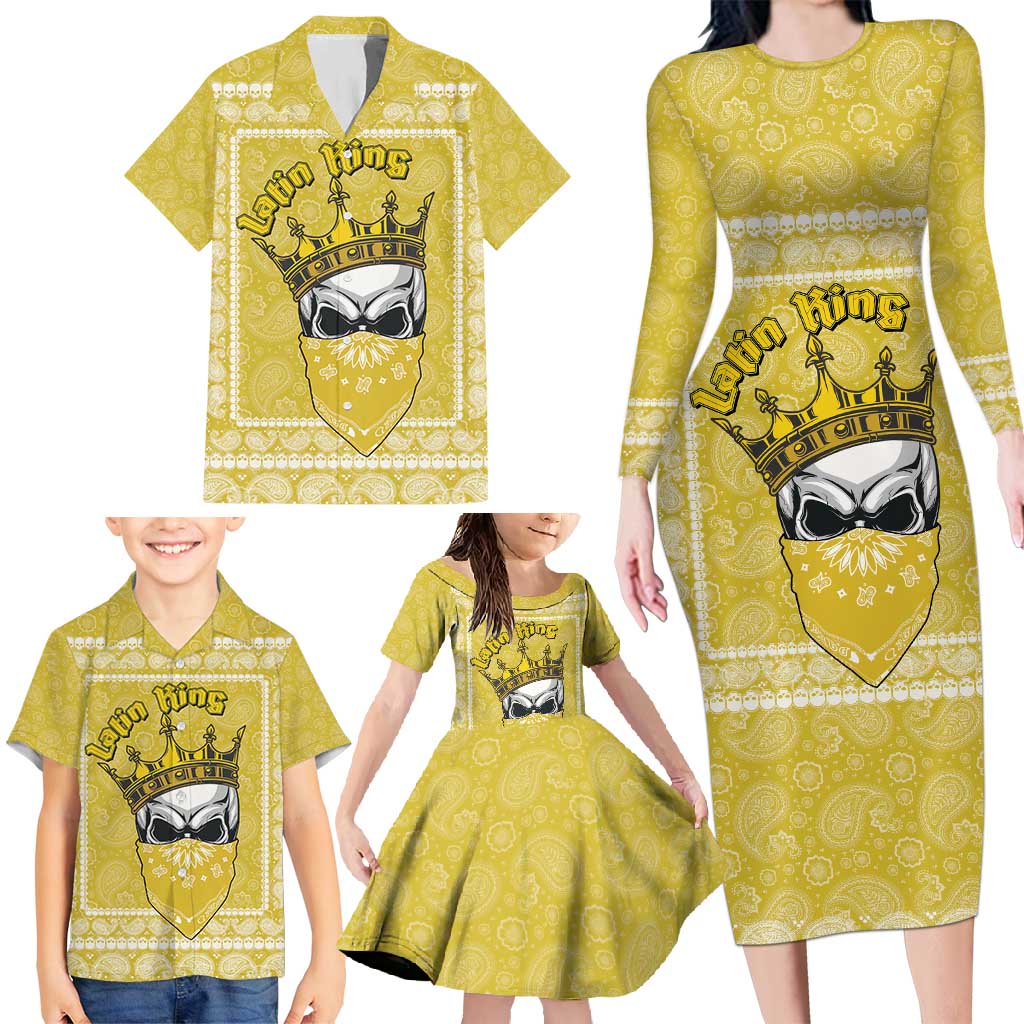 Latin King Family Matching Long Sleeve Bodycon Dress and Hawaiian Shirt Paisley Pattern Yellow - Wonder Print Shop