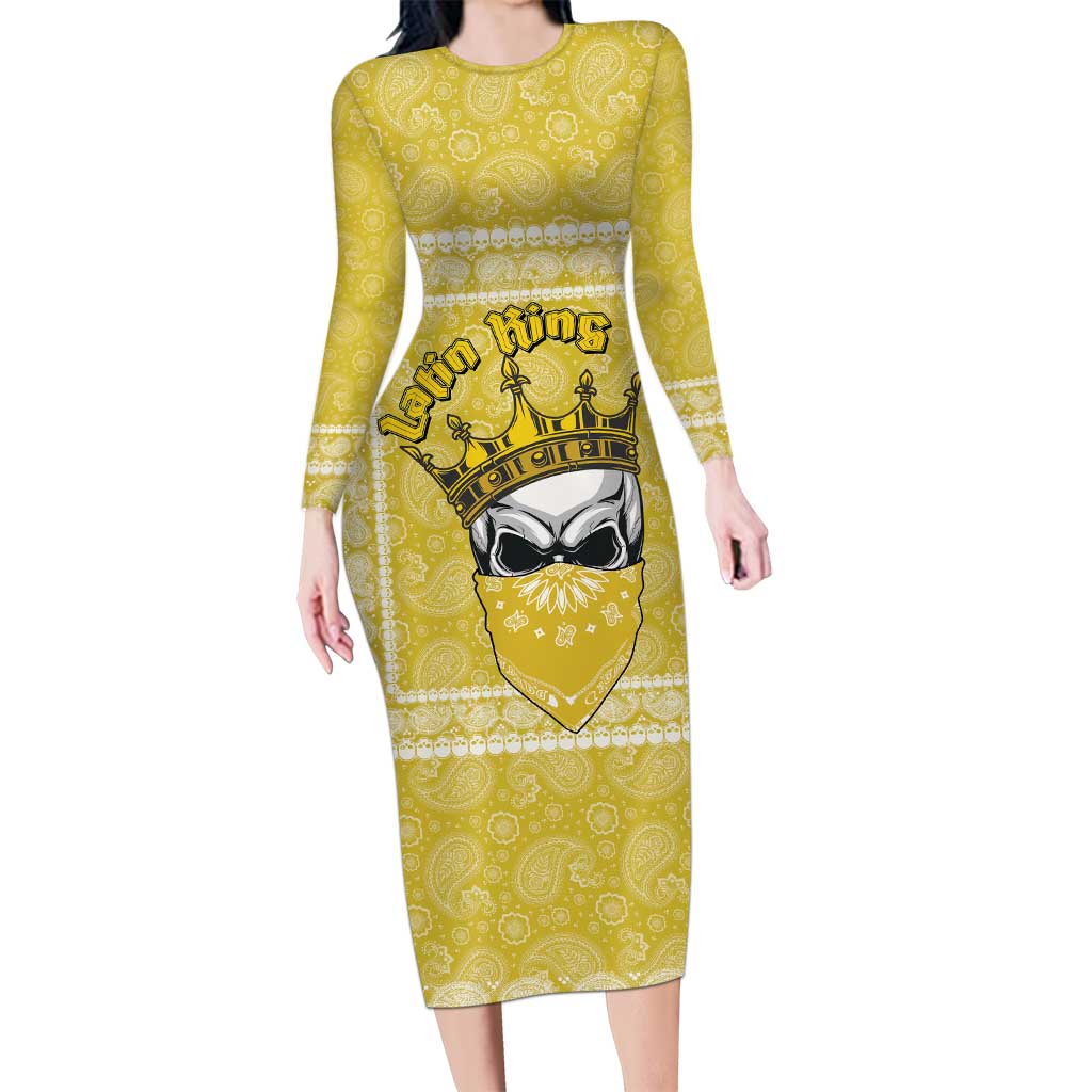 Latin King Family Matching Long Sleeve Bodycon Dress and Hawaiian Shirt Paisley Pattern Yellow - Wonder Print Shop