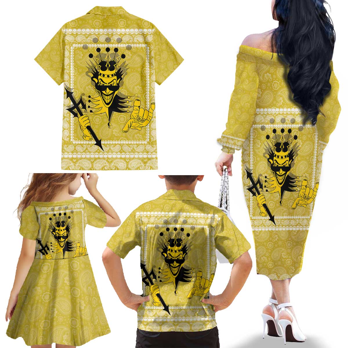 Latin King Family Matching Off The Shoulder Long Sleeve Dress and Hawaiian Shirt Paisley Pattern Yellow - Wonder Print Shop