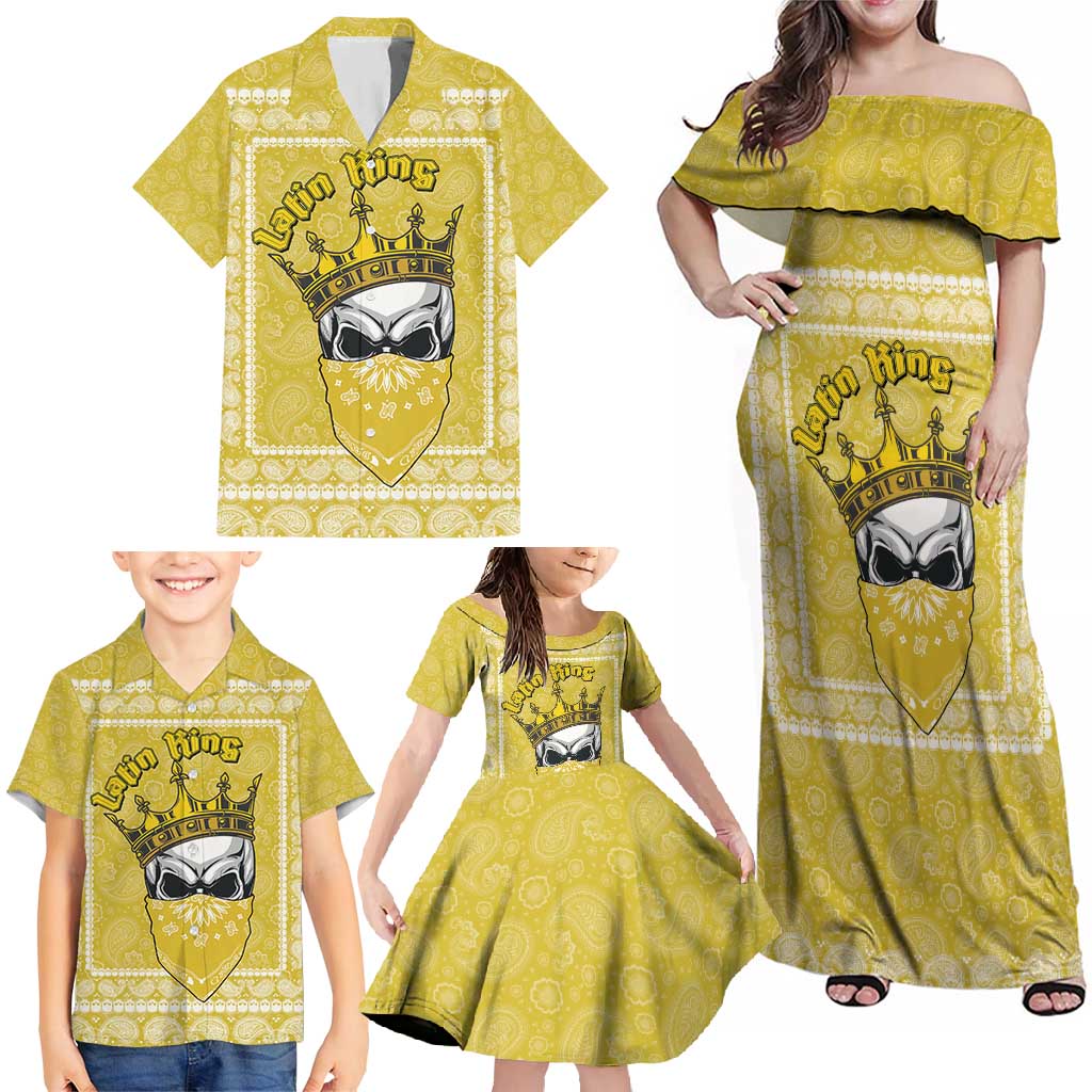 Latin King Family Matching Off Shoulder Maxi Dress and Hawaiian Shirt Paisley Pattern Yellow - Wonder Print Shop