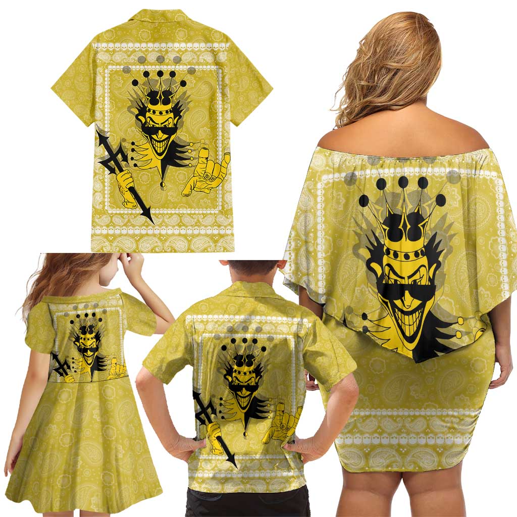 Latin King Family Matching Off Shoulder Short Dress and Hawaiian Shirt Paisley Pattern Yellow - Wonder Print Shop