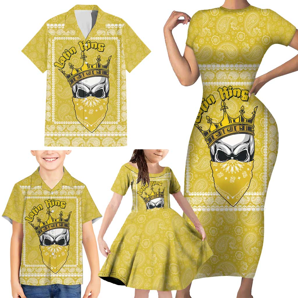 Latin King Family Matching Short Sleeve Bodycon Dress and Hawaiian Shirt Paisley Pattern Yellow - Wonder Print Shop