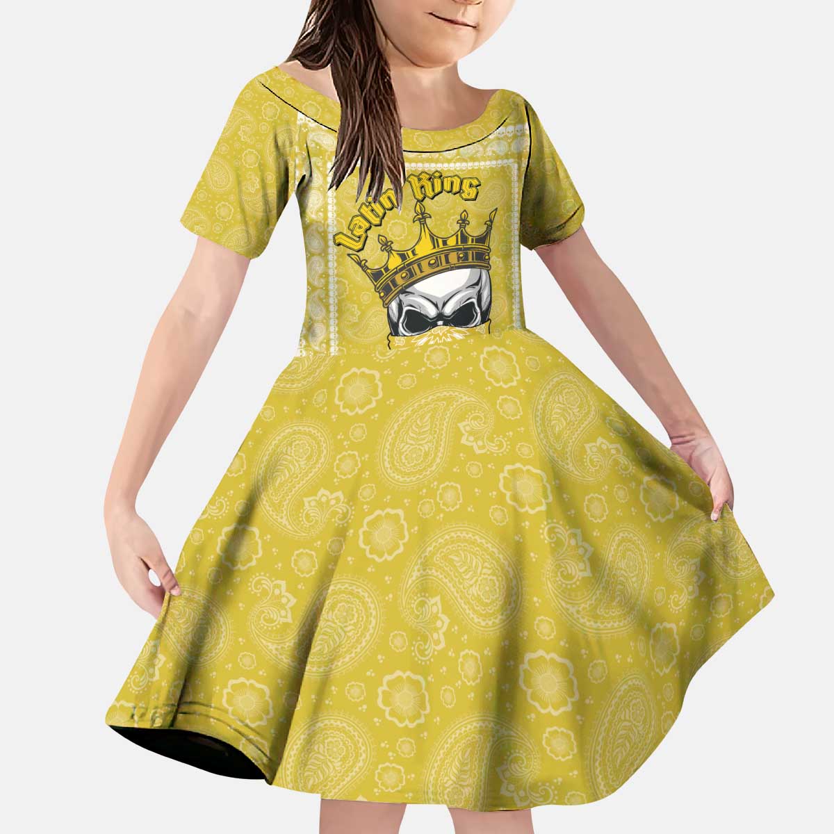 Latin King Kid Short Sleeve Dress Paisley Pattern Yellow - Wonder Print Shop