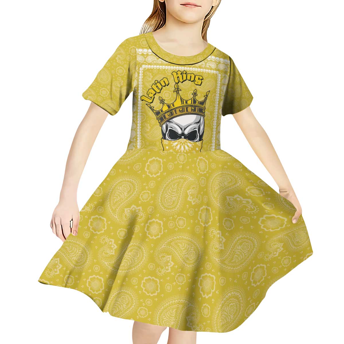 Latin King Kid Short Sleeve Dress Paisley Pattern Yellow - Wonder Print Shop