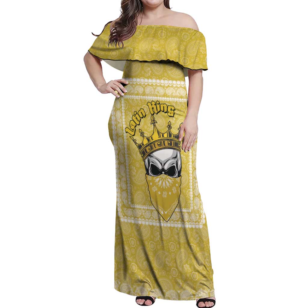 Latin King Off Shoulder Maxi Dress Paisley Pattern Yellow - Wonder Print Shop