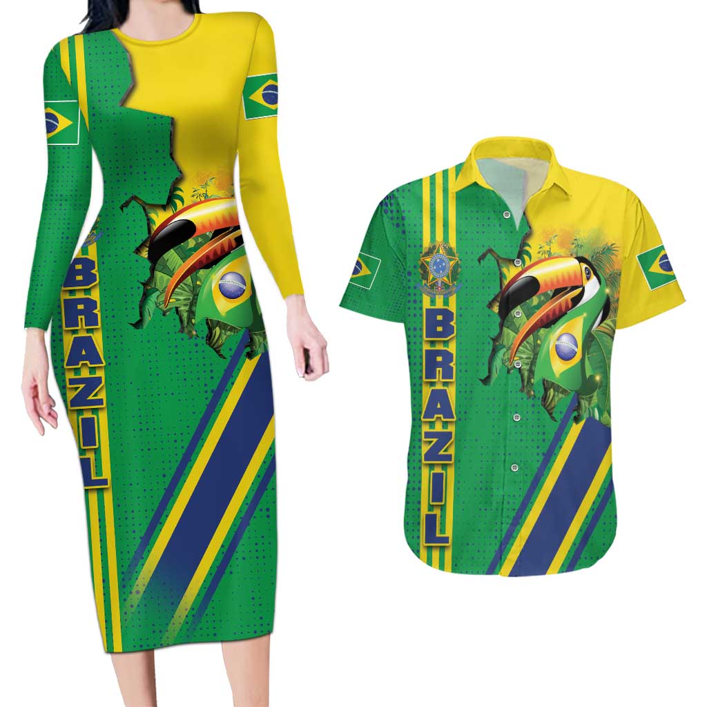 Brazil Flag Emblem Couples Matching Long Sleeve Bodycon Dress and Hawaiian Shirt Toco Toucan In My Heart