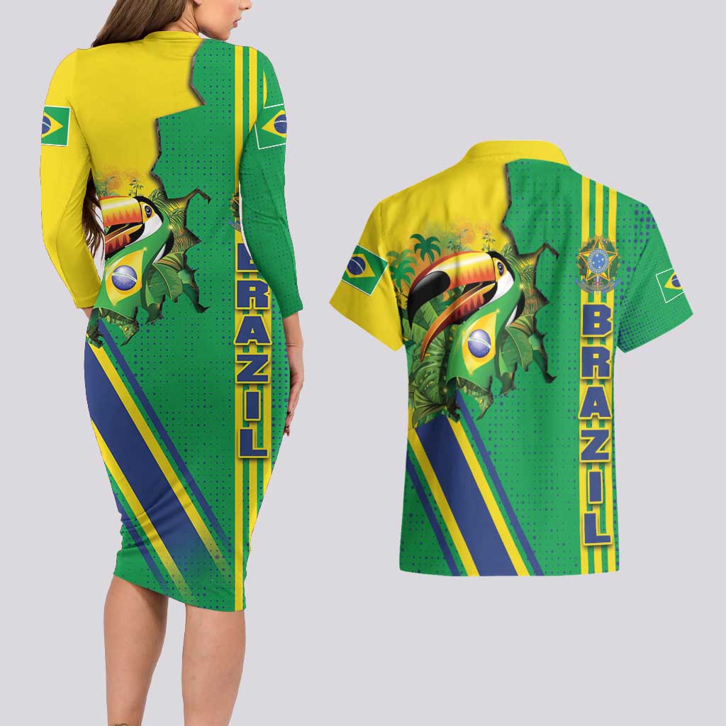 Brazil Flag Emblem Couples Matching Long Sleeve Bodycon Dress and Hawaiian Shirt Toco Toucan In My Heart