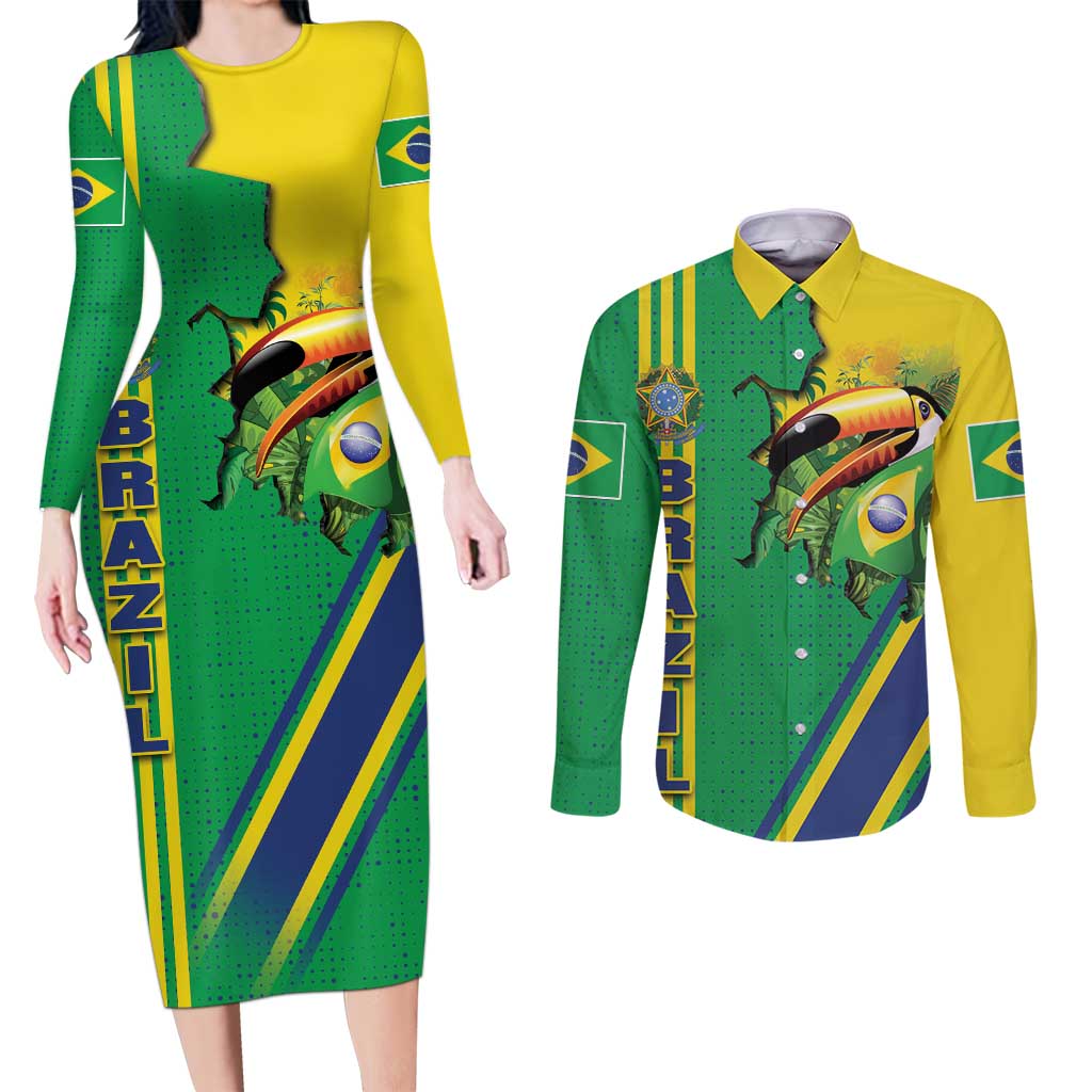 Brazil Flag Emblem Couples Matching Long Sleeve Bodycon Dress and Long Sleeve Button Shirt Toco Toucan In My Heart
