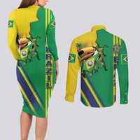 Brazil Flag Emblem Couples Matching Long Sleeve Bodycon Dress and Long Sleeve Button Shirt Toco Toucan In My Heart