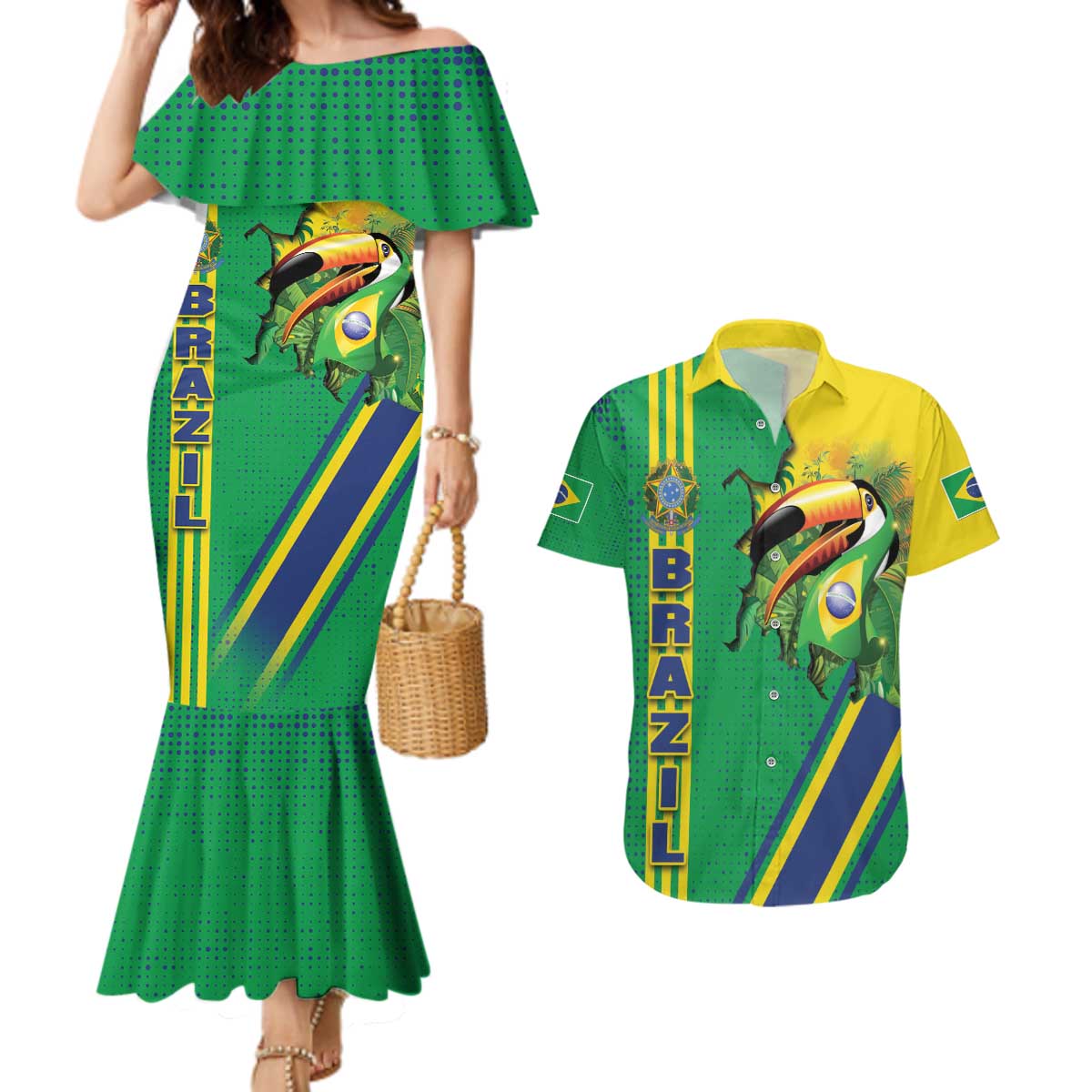 Brazil Flag Emblem Couples Matching Mermaid Dress and Hawaiian Shirt Toco Toucan In My Heart