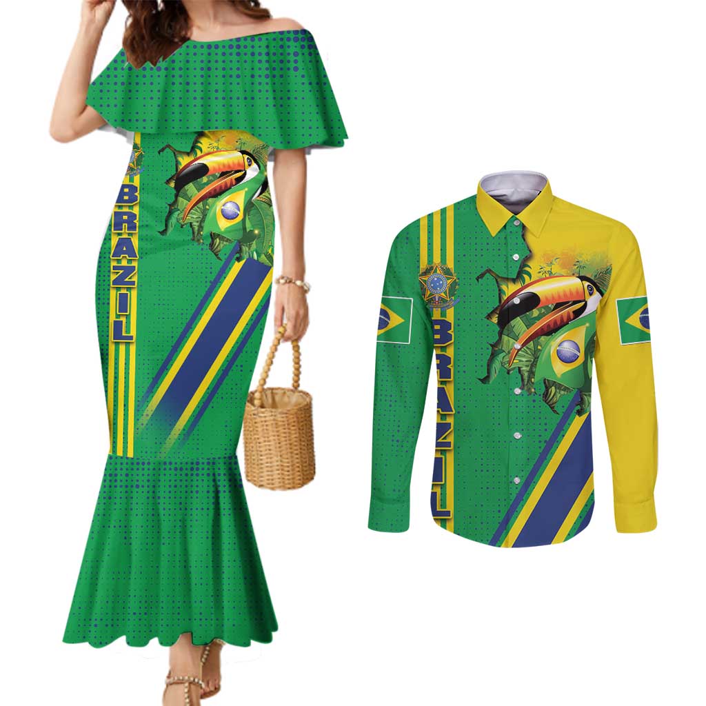 Brazil Flag Emblem Couples Matching Mermaid Dress and Long Sleeve Button Shirt Toco Toucan In My Heart