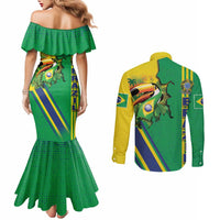 Brazil Flag Emblem Couples Matching Mermaid Dress and Long Sleeve Button Shirt Toco Toucan In My Heart