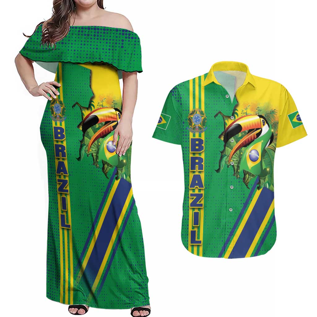 Brazil Flag Emblem Couples Matching Off Shoulder Maxi Dress and Hawaiian Shirt Toco Toucan In My Heart