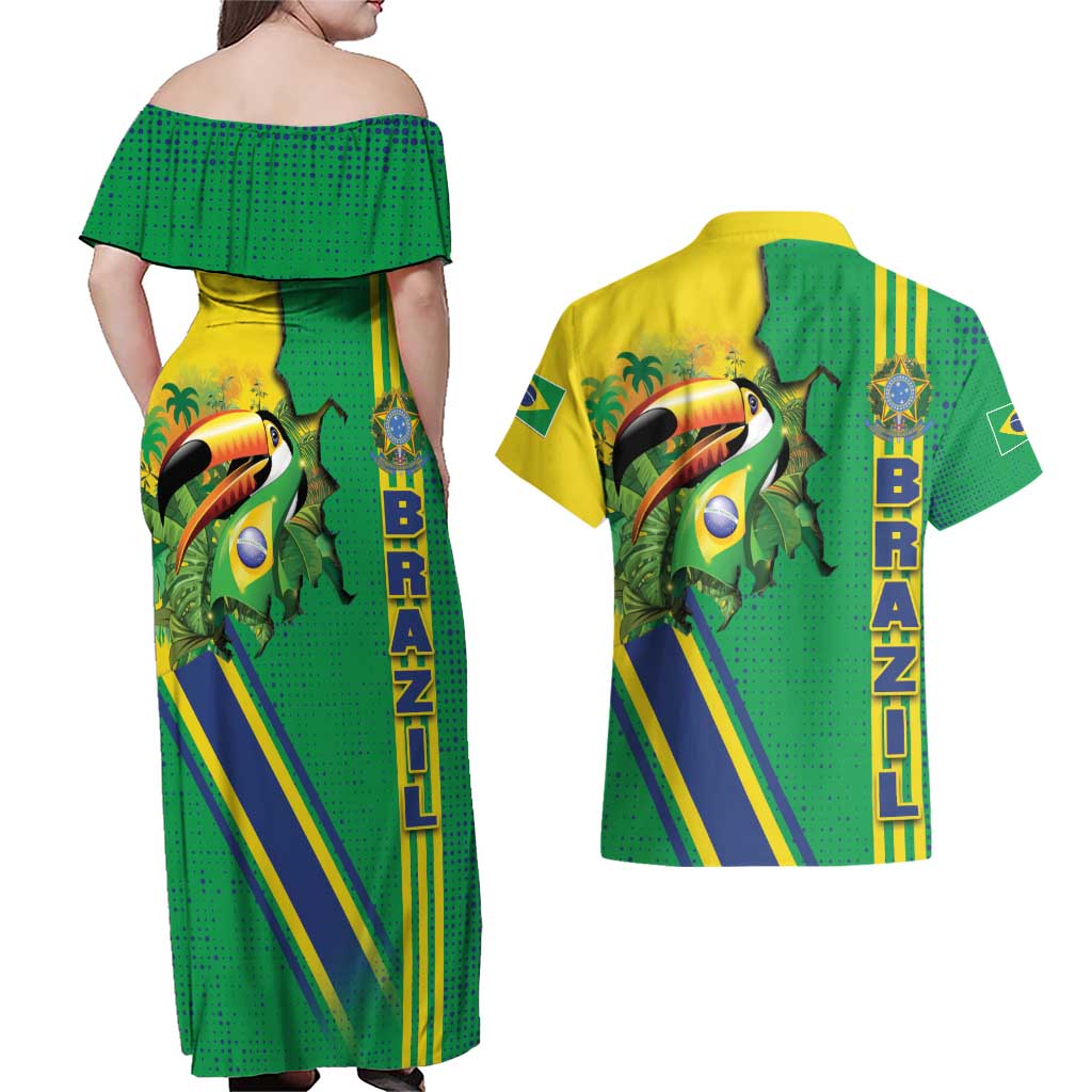 Brazil Flag Emblem Couples Matching Off Shoulder Maxi Dress and Hawaiian Shirt Toco Toucan In My Heart