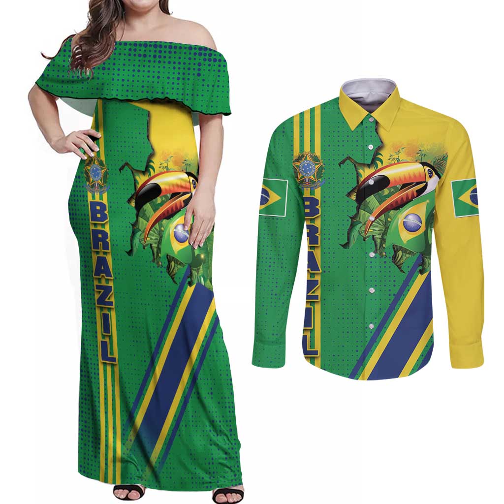 Brazil Flag Emblem Couples Matching Off Shoulder Maxi Dress and Long Sleeve Button Shirt Toco Toucan In My Heart