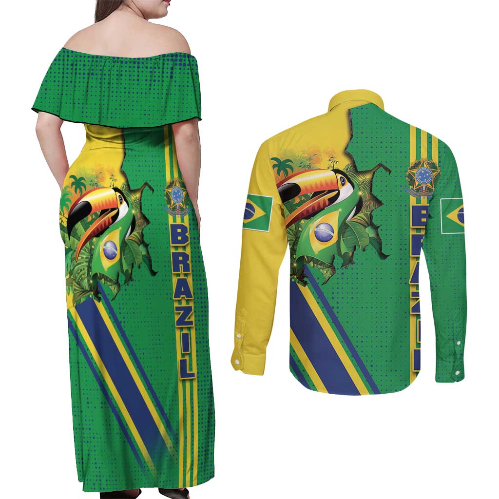 Brazil Flag Emblem Couples Matching Off Shoulder Maxi Dress and Long Sleeve Button Shirt Toco Toucan In My Heart