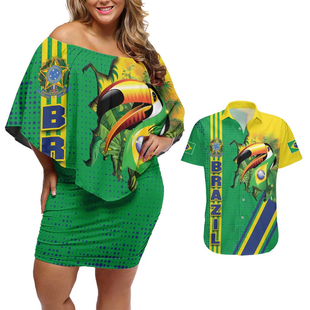 Brazil Flag Emblem Couples Matching Off Shoulder Short Dress and Hawaiian Shirt Toco Toucan In My Heart
