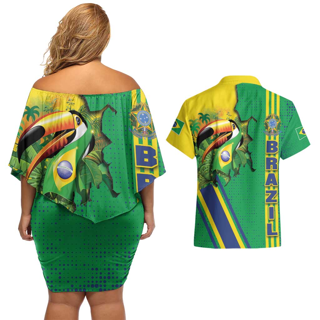 Brazil Flag Emblem Couples Matching Off Shoulder Short Dress and Hawaiian Shirt Toco Toucan In My Heart