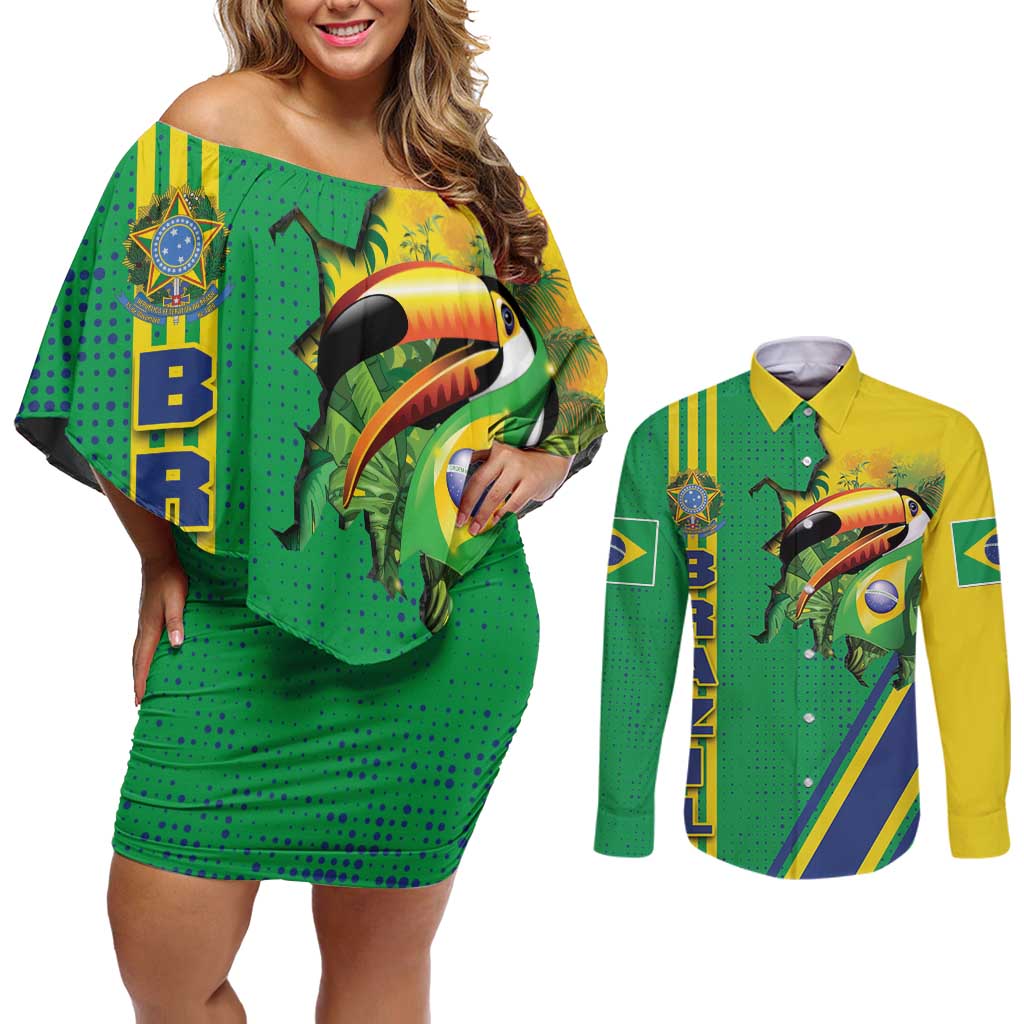 Brazil Flag Emblem Couples Matching Off Shoulder Short Dress and Long Sleeve Button Shirt Toco Toucan In My Heart