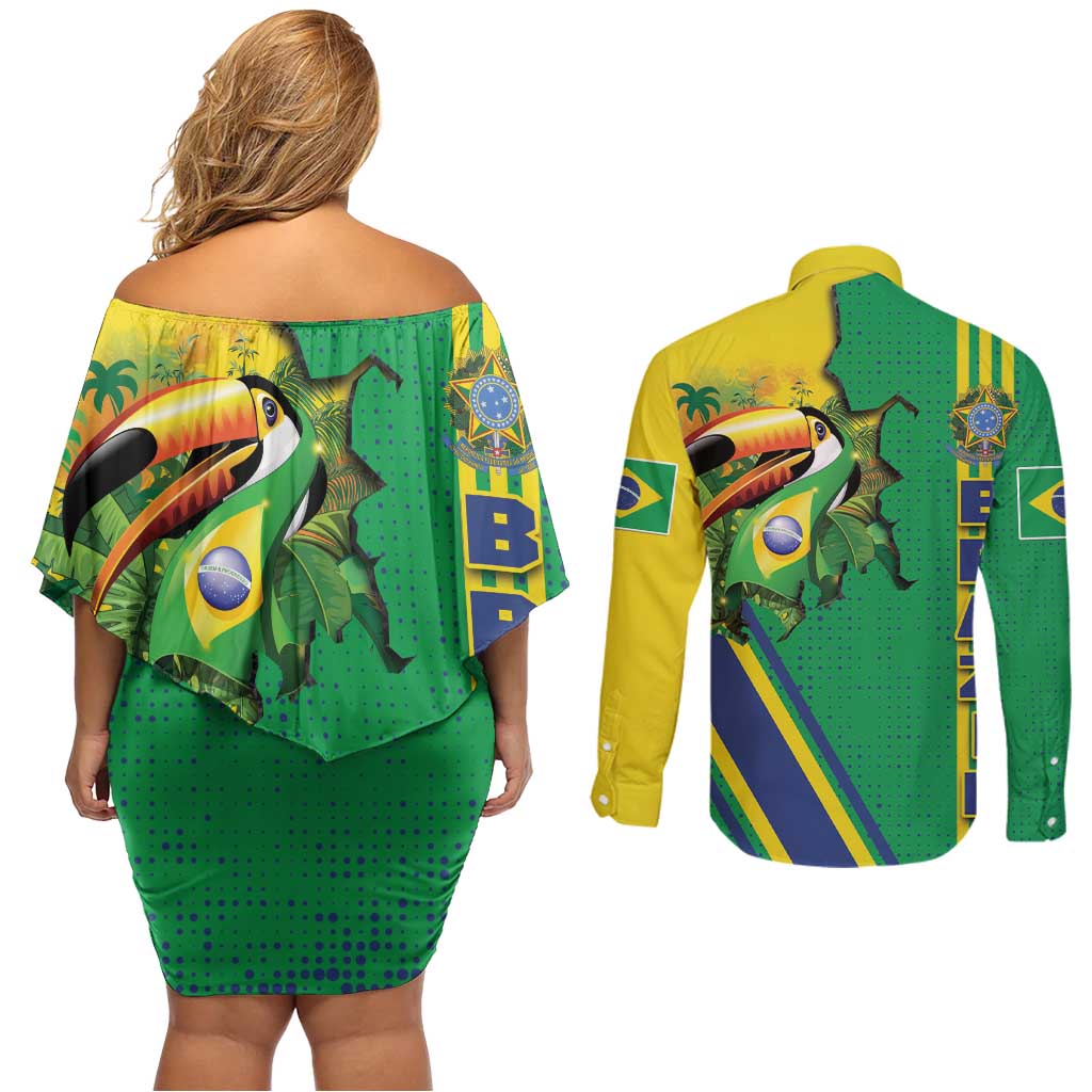 Brazil Flag Emblem Couples Matching Off Shoulder Short Dress and Long Sleeve Button Shirt Toco Toucan In My Heart